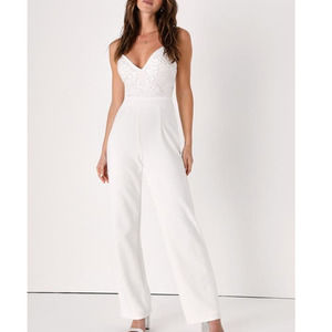 LULU'S XL White Memorable Occasion Beaded Sequin Wide-Leg V-Neck Jumpsuit 0b12